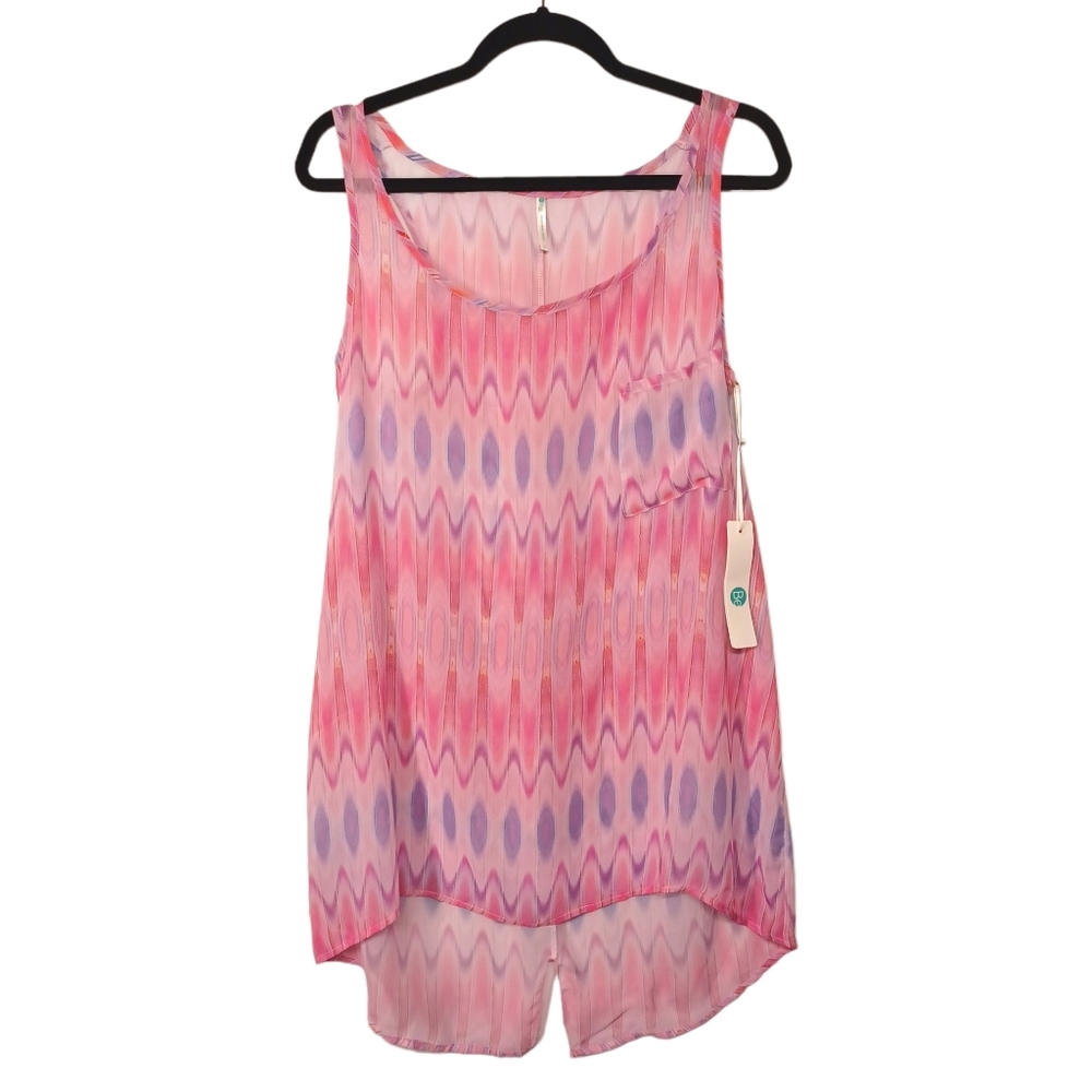 BETTINIS Pink Purple Geometric Print Semi Sheer Sleeveless Swim Cover-up Top NWT